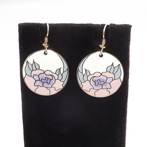 Laurel Burch "Garden Rose" Earrings, Cloisonné Gold Plated, 1980s - Picture 10 of 10